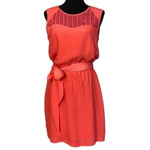 Guess Dress Sz 4 Coral Pleated Semi-Sheer Ties at Waist With Bow Knee-Length